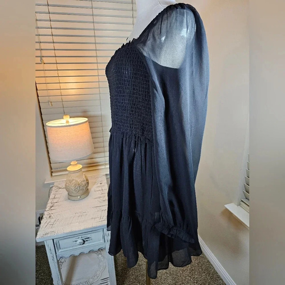 1. State Women's Black Smocked Long-Sleeve Bodice Ruffle Mini Dress Size M - Picture 8 of 13